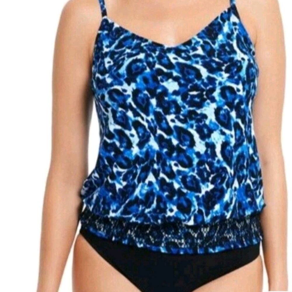 Magicsuit Blue and White Printed Blouson Tankini Top